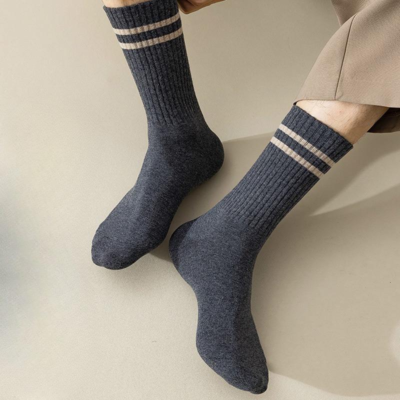 Men's Spring and Autumn Vintage Pure Cotton College-style Long Socks, Versatile Double-bar Mid-calf Socks for Autumn and Winter