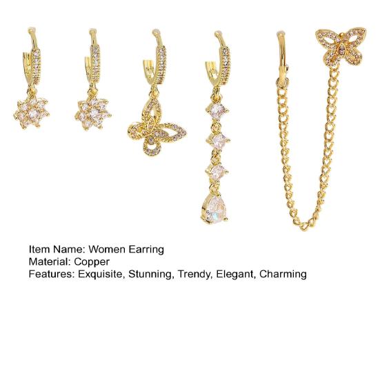 5 Pcs Women Earrings Set Sparkling Rhinestone Flower Butterfly Chain Hoop Earrings Gold Plated Cubic Zirconia Dangling Earrings for Prom Wedding