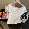 White Off Shoulder Lace Bow Short Sleeve Slim Fitted Crop Top