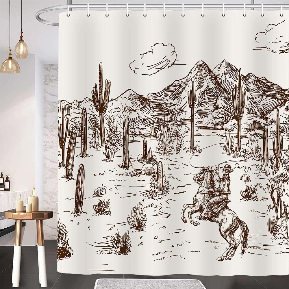 Western Denim Shower Curtain Farmhouse for Bathroom Village Cactus Desert Riding Shower Curtain with Hook 180x180cm