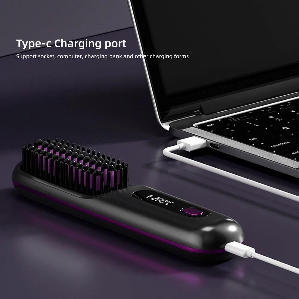 Electric LCD Usb Ceramic Heating Straight Hair Comb Wireless Portable Negative Ion Styling Tool Rechargeable Straightening Brush
