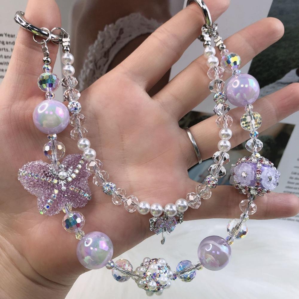 

Блестящая цепочка для телефона со стразами, жемчужный брелок с блестками, бисерный шнурок для мобильного телефона, брелок фиолетовый