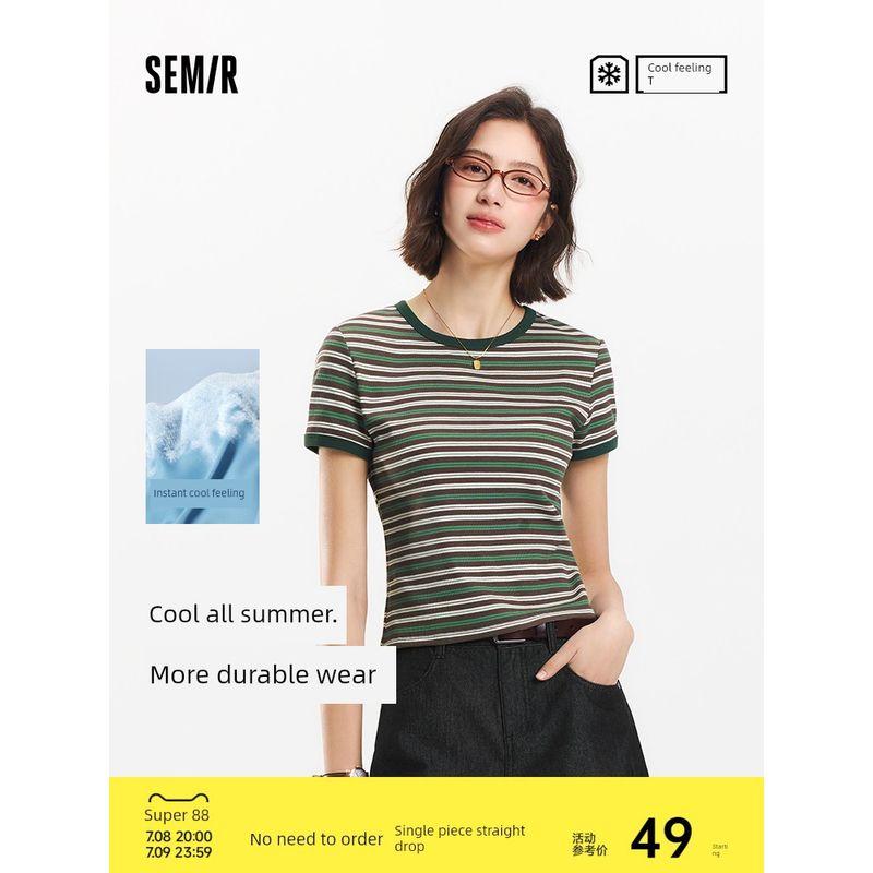 

Cool T | Senma Short-Sleeved T-shirt Women s Tight Summer Shoulder Vintage Stripe Tops Navigation Wear Navy Core Blue 00388 160/84A/M