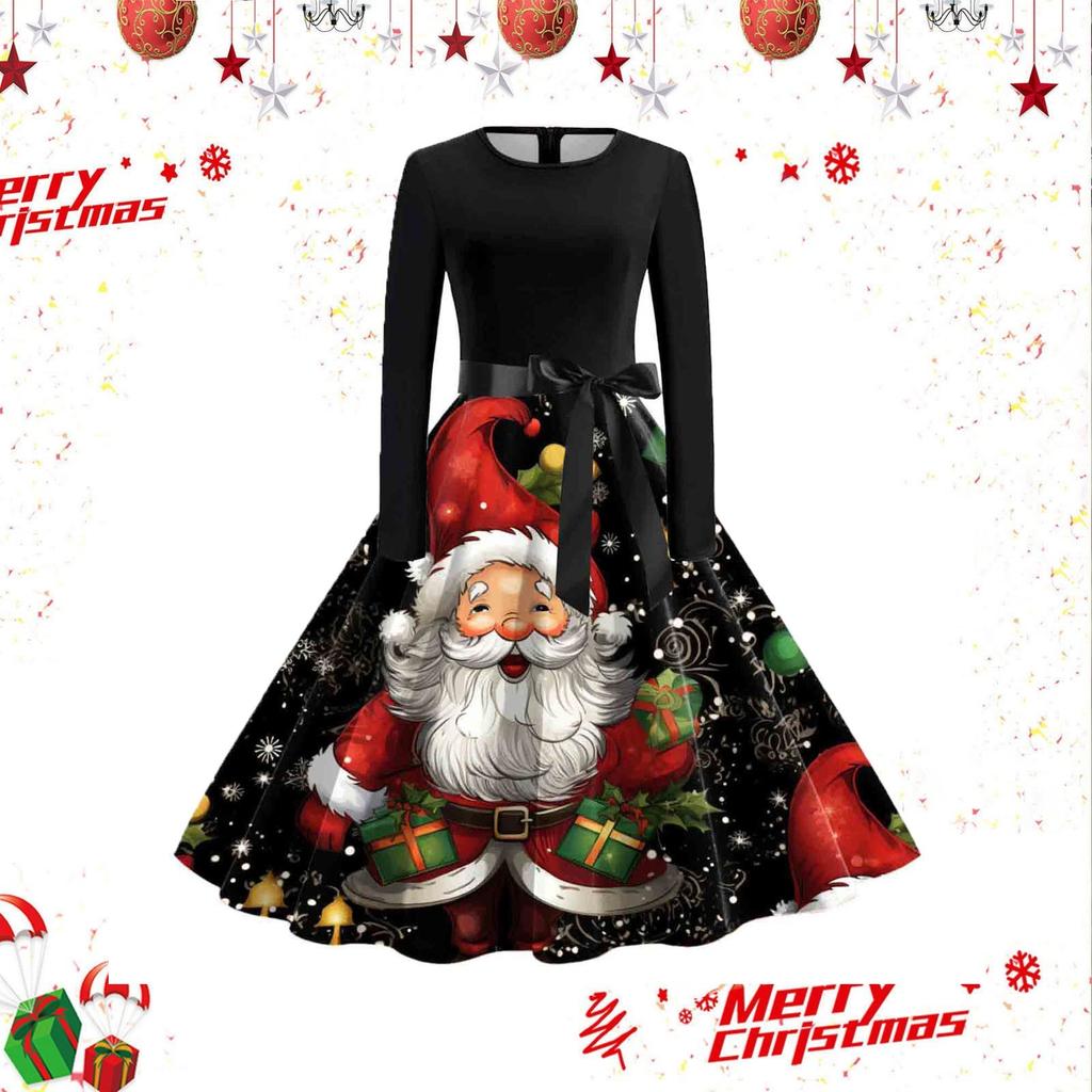 Women's Casual Fashion Long Sleeve Christmas Graphic Printed Vintage Long Dresses