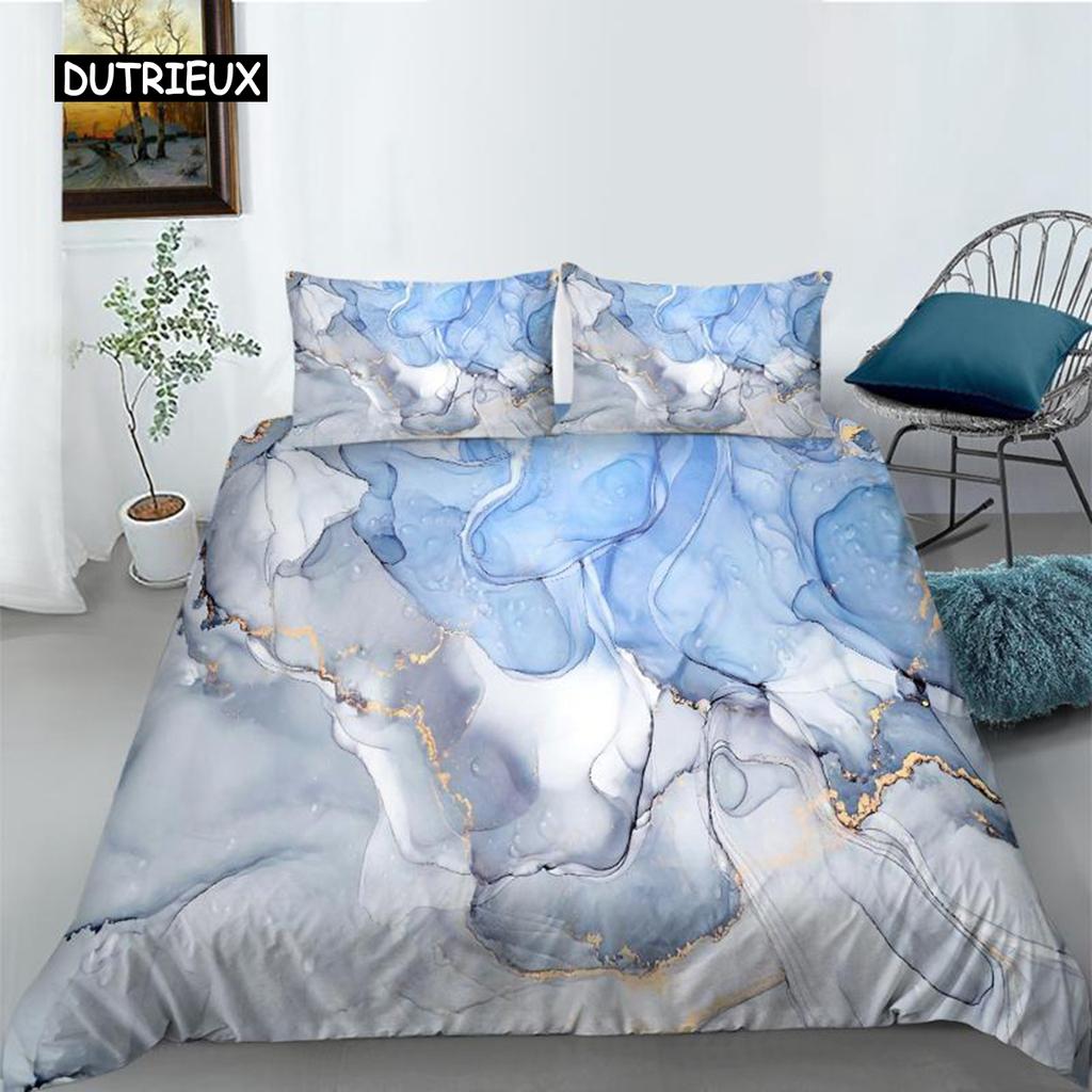 Marble Duvet Cover Set Pink Printed Queen Size Bedding Set Polyester Abstract Print Decor Golden Comforter Cover for Girls Teens