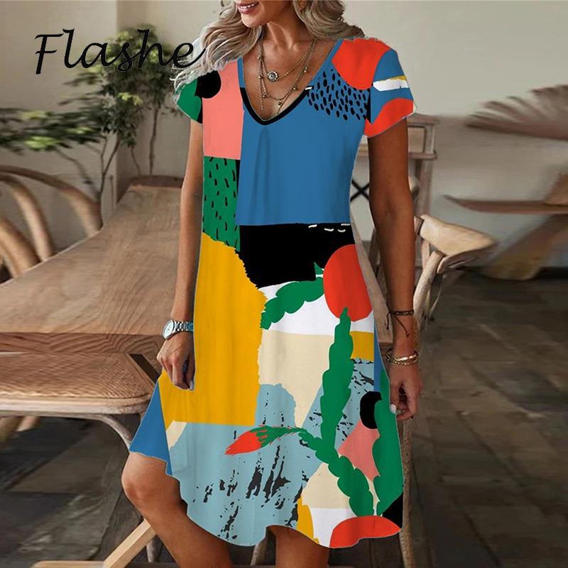 

Mini Dress Woman V Neck Summer Dress L