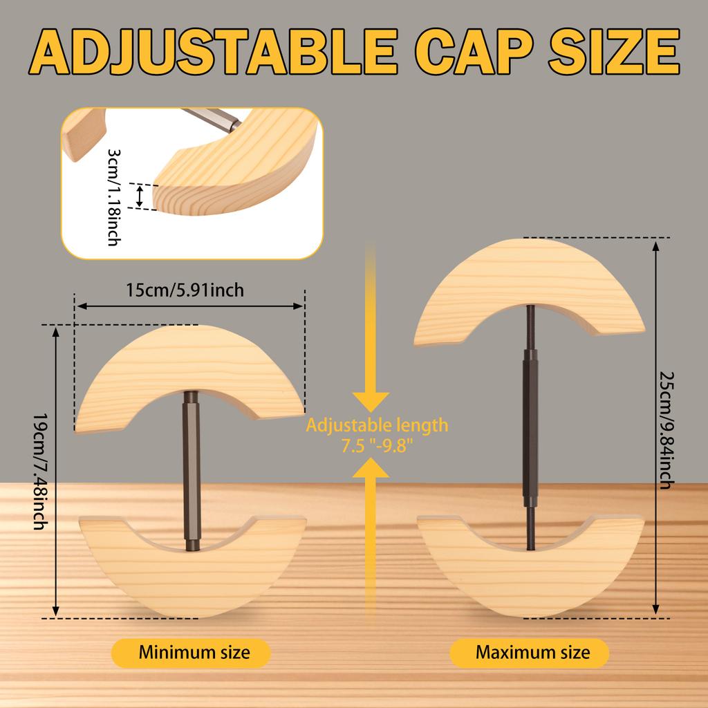 Repacego Verstellbarer Hutspanner aus Holz Kappenformhalter Premium Fedora Hutständer zur Aufbewahrung Cowboy Baseballkappenhalter