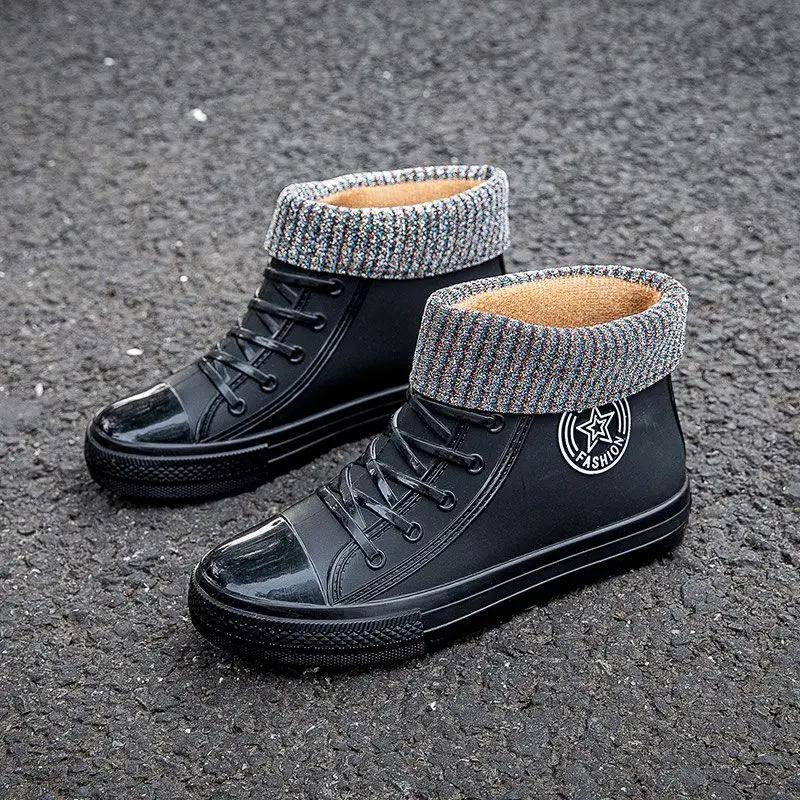 Fashion High Top Women's Rain Boots Lady Shoes Platform Waterproof Women's Wellies Non-slip Rainshoes Outdoor Casual Lace Up Rainboot