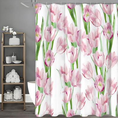 Pink Tulip Shower Curtain, Bathroom Decorative Shower Curtain, Waterproof Shower Curtain with Hooks