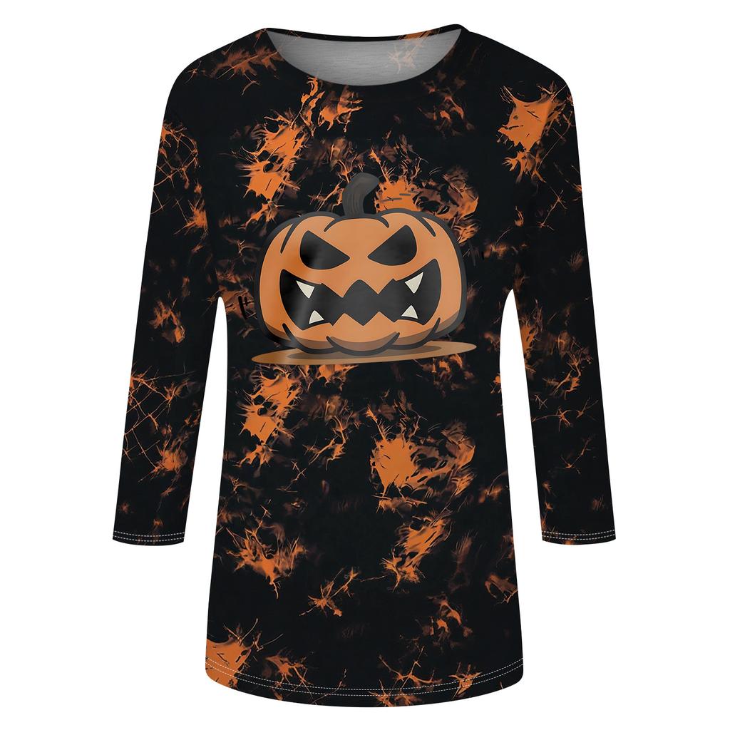 Women's Fashion Casual Three-Quarter Sleeve Halloween Print Neck Top