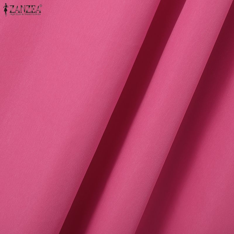 ZANZEA Women Round Neck Solid Color Long Sleeve Loose Casual Pleated Long Dress