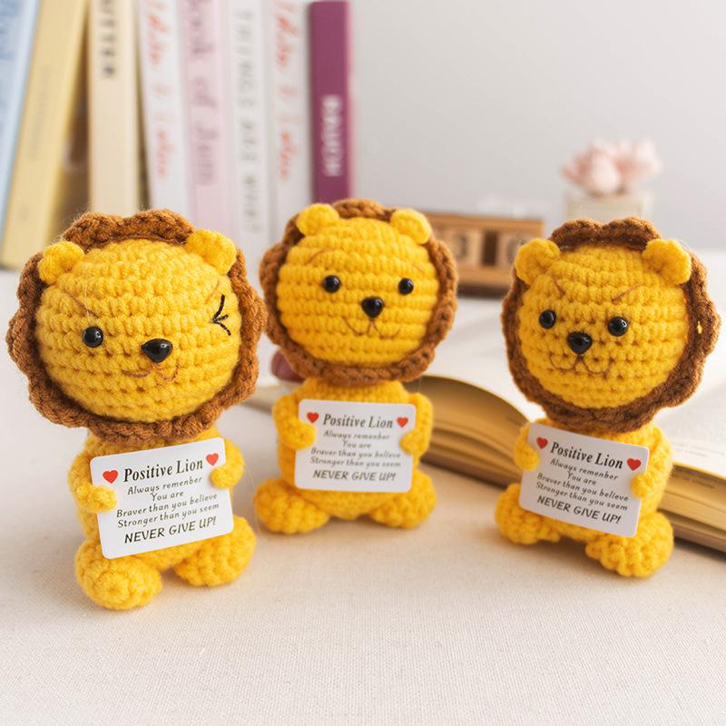 Positive Crochet Lion Doll with Card Home Room Decor Handmade Knitting Emotional Support Lion Animal Ornament Christmas Gift