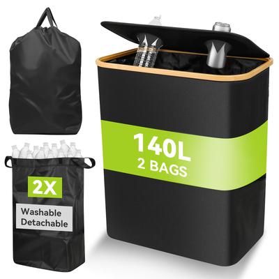 Foldable Fabric Recycling Bin with Lid, Large 140L Storage Box, Double-hole Bottle Holder with Lid, Eco-friendly