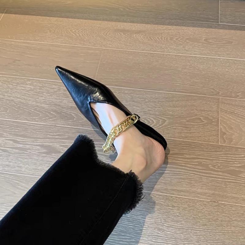 Fashion Pointed Toe Half Slippers Women's Outside Wear New Summer Baotou Shallow Mouth Metal Chain Soft Slip Flat Shoes