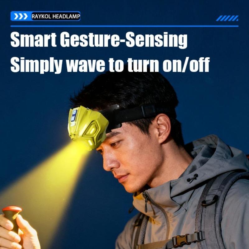 Cyberpunk Style Headlamp Wave Hand Sensing Technology Multi Light Source Modes 2400mAh Rechargeable Battery Caving Night Riding