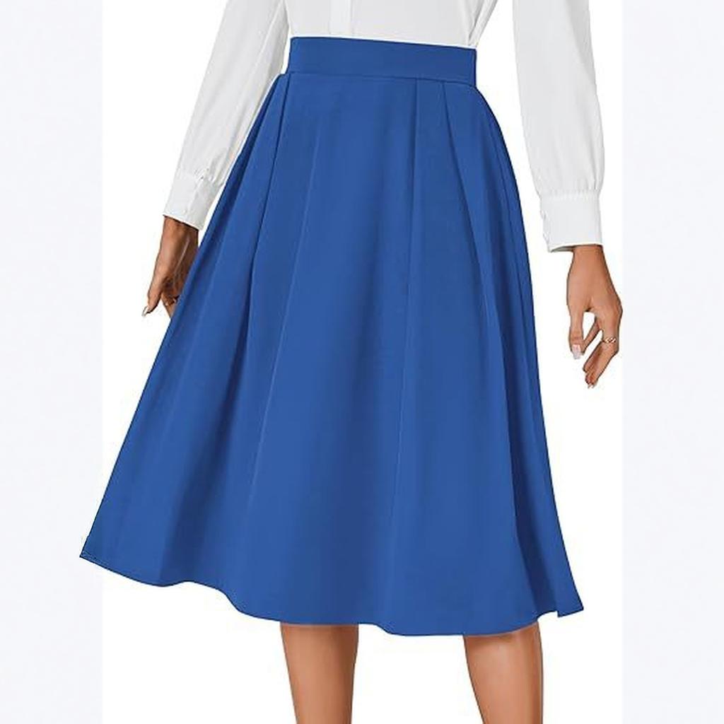 Women's Retro High-waisted Pleated Back Tie Flared A-line Midi Skirt