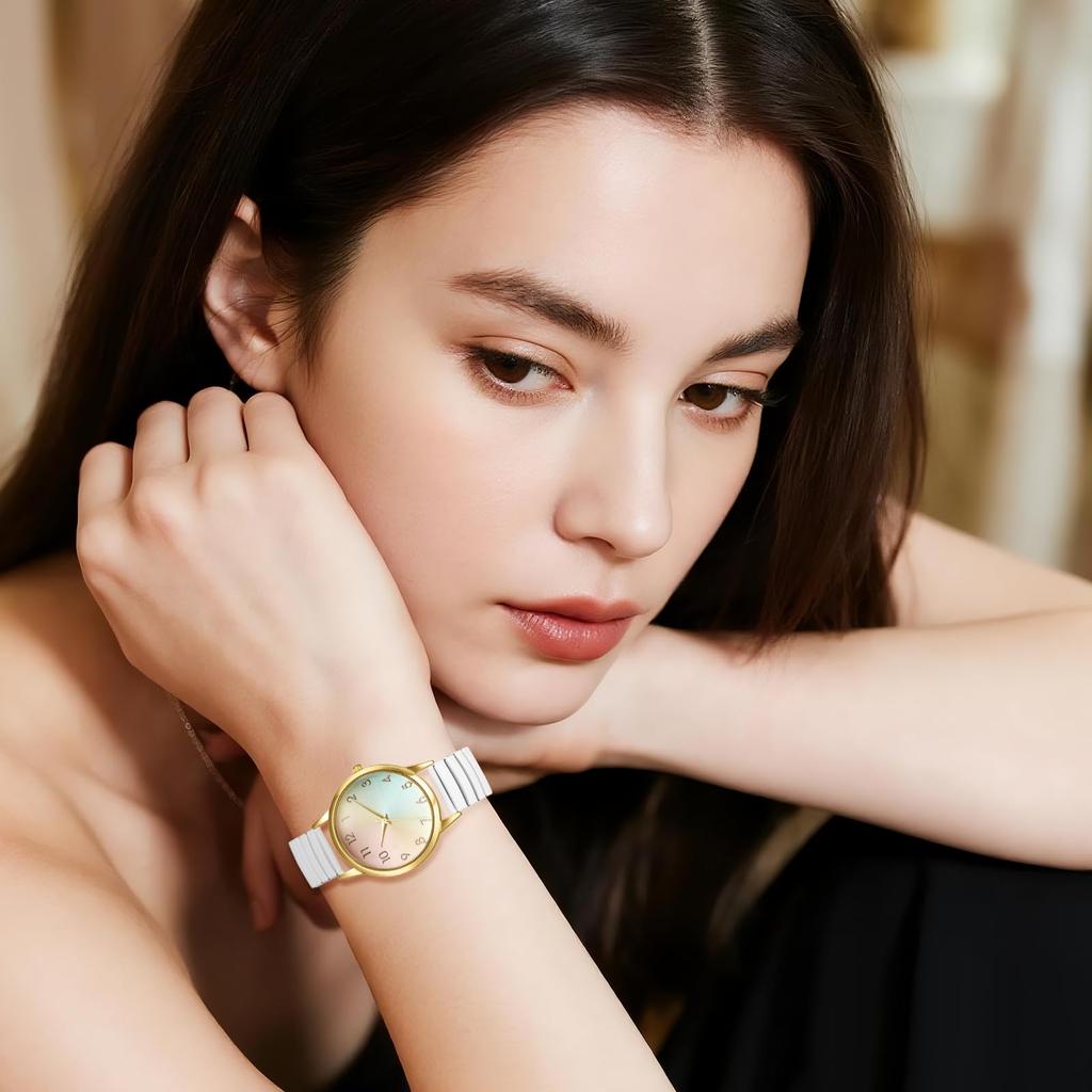 Women's Watch, Stretch Band, Waterproof, White, Stylish, Analog Display, Free Size, Stainless Steel Band, Quartz Watch, Fashion Accessory
