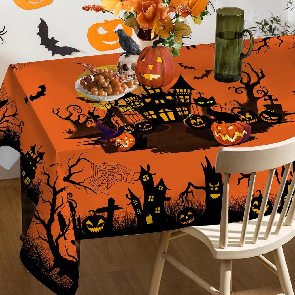 Halloween Pumpkin Castle Rectangle Tablecloth Holiday Party Decor Reusable Orange Waterproof Tablecloth Halloween Decorations