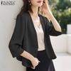 ZANZEA Women Casual V-Neck Loose 3/4 Sleeve Plain Blouse