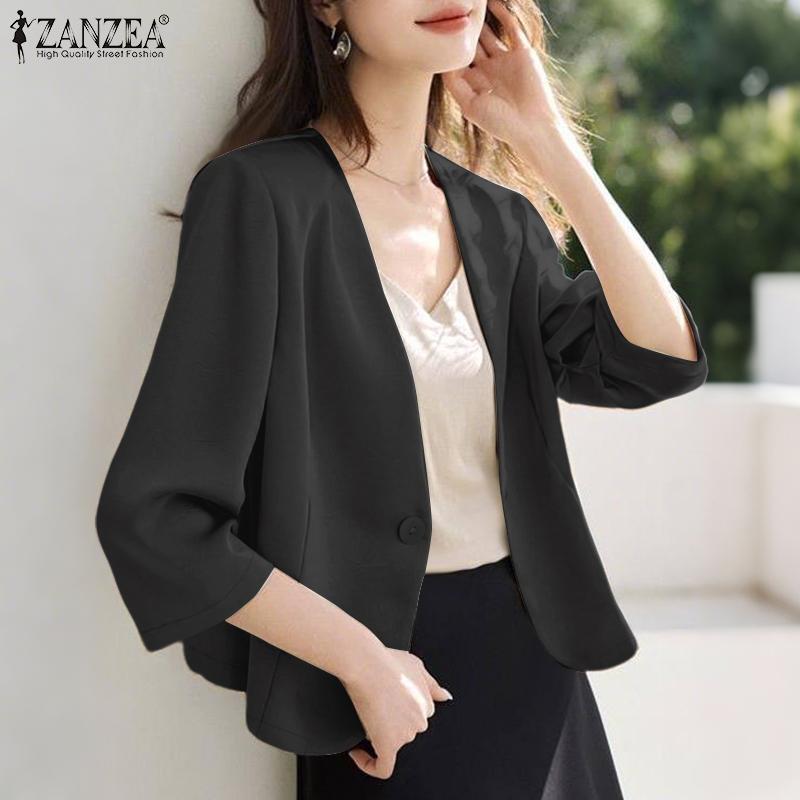 ZANZEA Women Casual V-Neck Loose 3/4 Sleeve Plain Blouse