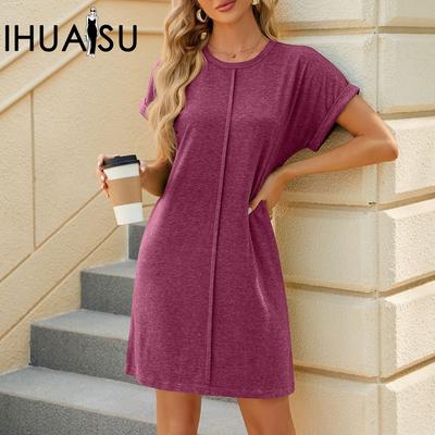 Spring Summer Solid Color Round Neck Short Sleeve Loose Casual Women's Dress
