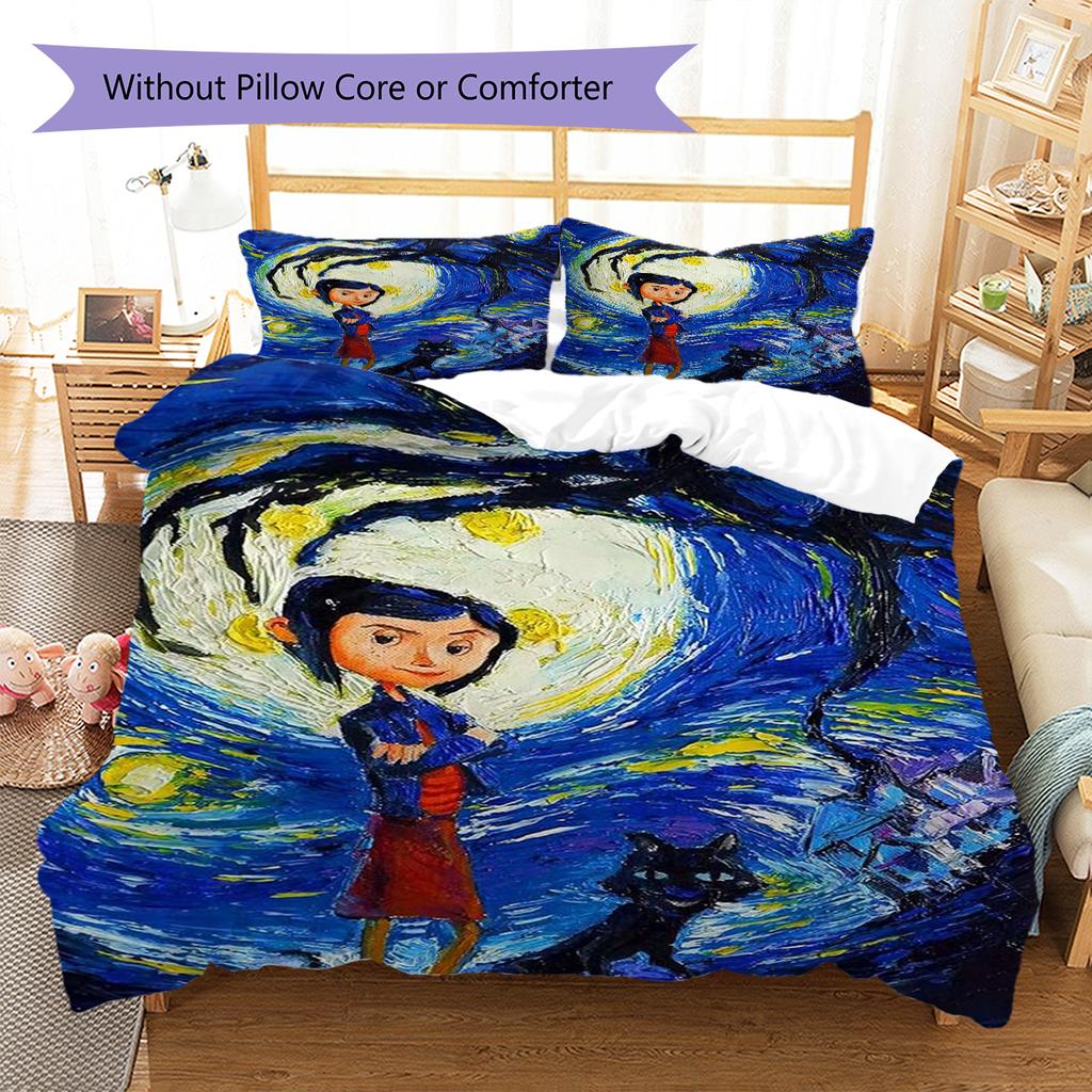 Kreskówkowy Wzór Coraline Pościel Zestaw Kołdry Poszewka na Kołdrę Poszewka na Poduszkę Dekoracja Domu Prezent (1 * poszwa na kołdrę + 2 * poszewki na poduszki, bez rdzenia)