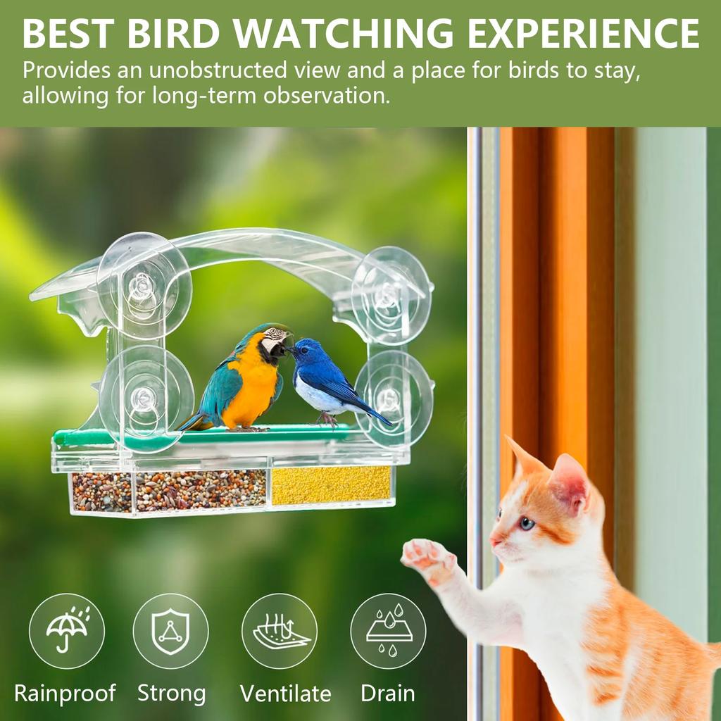 Clear Window Bird Feeder Acrylic Bird House with Suction Cup Removable Tray Perch Weatherproof Outdoor Bird Feeder Food Containe