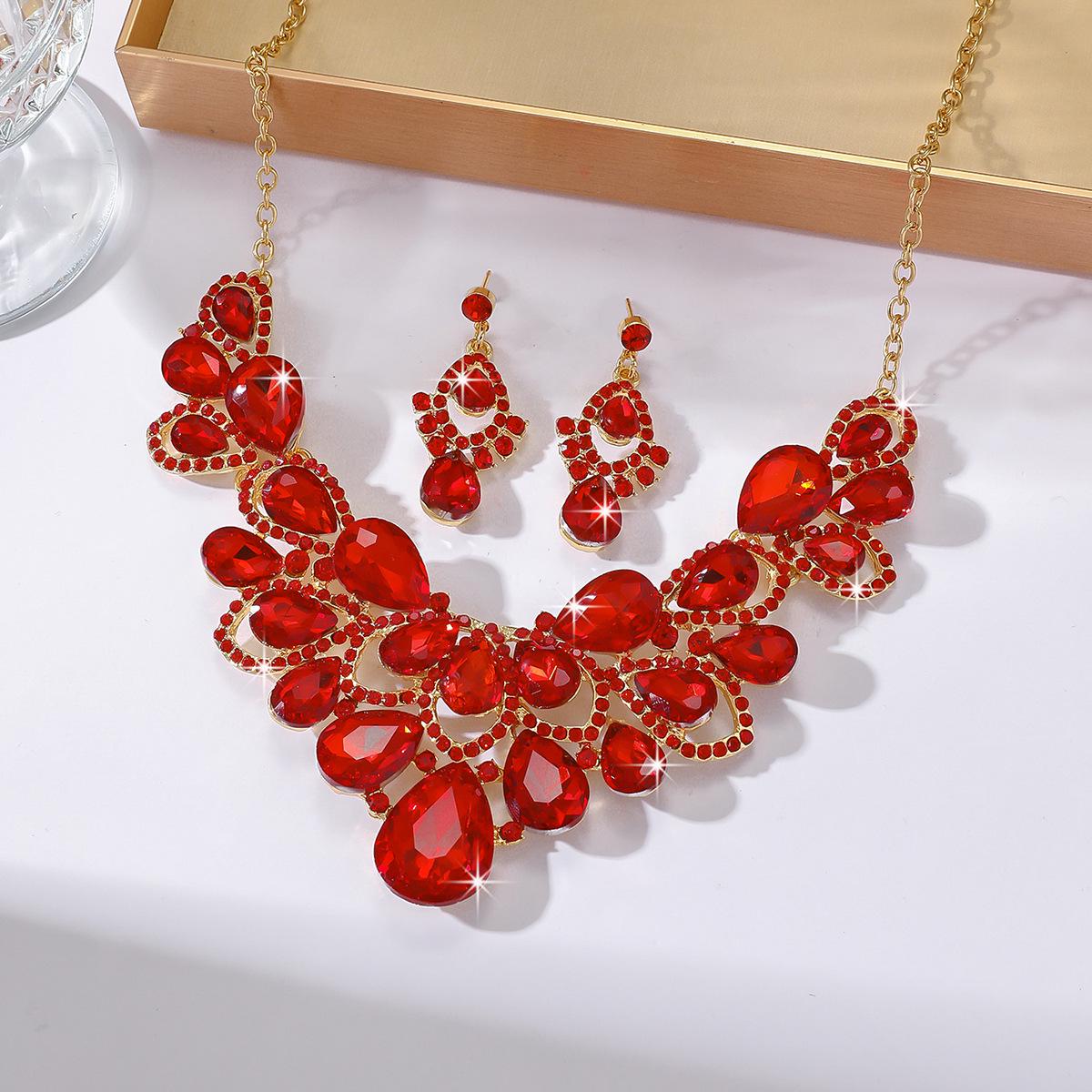 Crystal Gem Flower Necklace  Earring Set - Elegant European American Women s Accessories