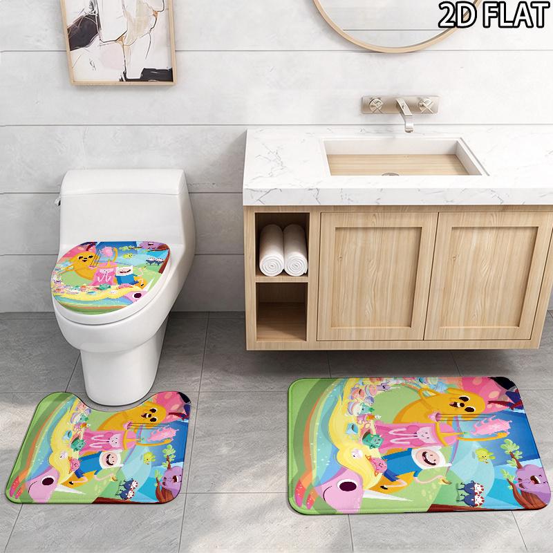 3pcs Adventure Time Pattern Flannel Nonslip Absorbent Washable Decorative Bathroom Home Toilet Seat Cover Mat
