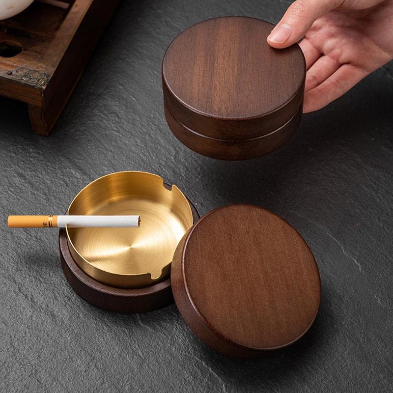 2026 New Creative Ashtray with Lid Walnut Desktop Ashtray Stainless Steel Smoking Windproof Ashtray Home Office Decoration
