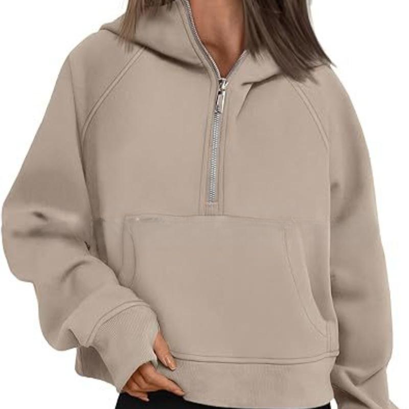 Autumn and Winter Zipper Casual Loose Hoodies Women Tops Fashion Solid Long Sleeve Crop Sweatshirts Women Pocket Simple Office Ladies Hooded 25179