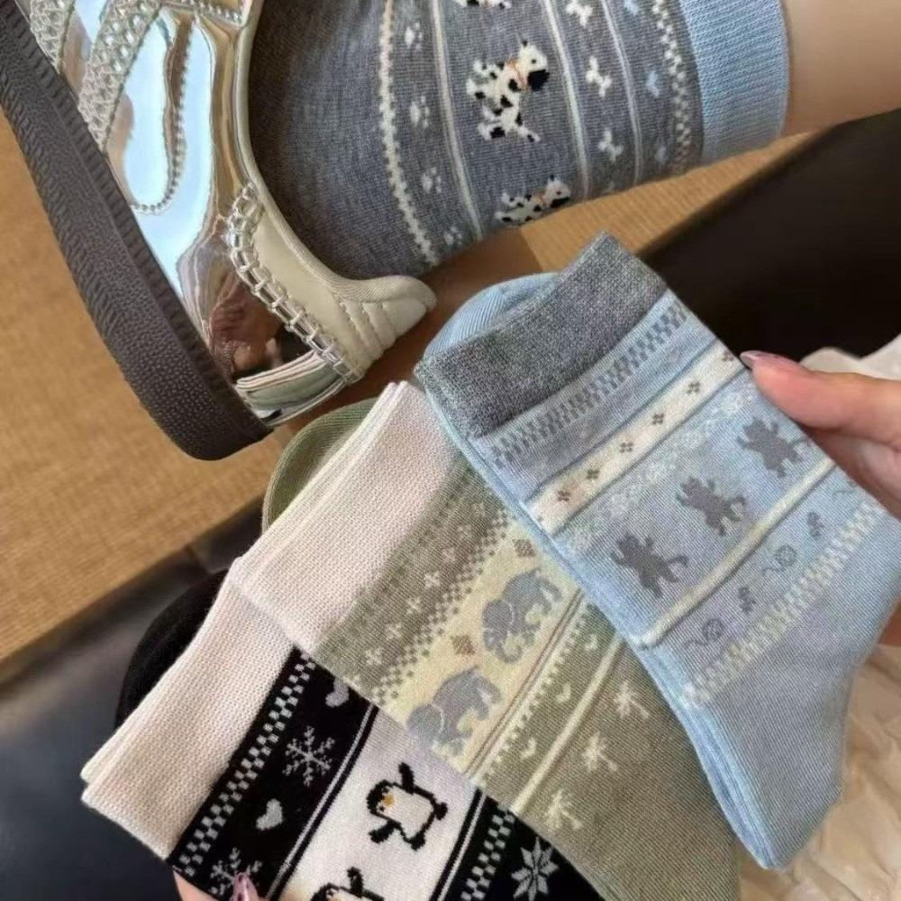 5 Pairs Breathable Mid Tube Socks Retro Knit Cartoon Animal Socks Women Stockings  Daily Wear