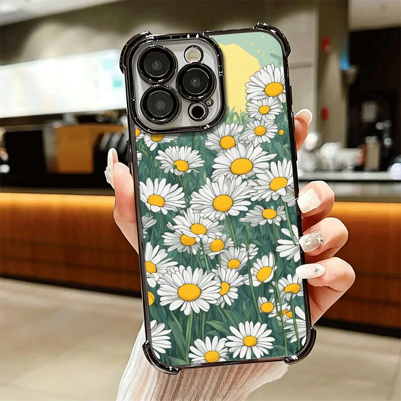 Daisy Flowers Aesthetics Plating Phone Case For Iphone 16 17 Pro Max Air 16E 14 15 Plus 12 13 Mini Anti-Fall Airabag Cover