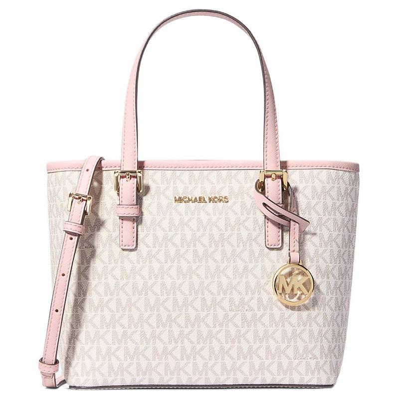 MICHAEL KORS Jet Set Travel Logo Printed Gold Hardware Coated Canvas and Polyester Tote Crossbody Handbag Mini Women s Pink золотой