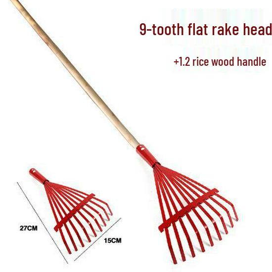 Garden Rake with Long Wooden Handle for Lawn and Leaves