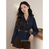 Blouse Rétro Bleue Manches Longues Coupe Ajustée Luxiangnan