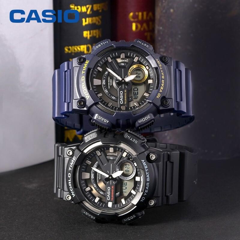 Casio Youth Series Round Dual Display Trendy Versatile Ten Year Battery Waterproof Quartz Movement Resin Strap Watch Men Watches Blue AEQ-110W-2AVDF
