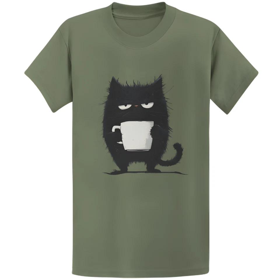 Gildan 5000 Grumpy Black Cat Coffee T-Shirt - Kawaii Tired Cat Lover Gift Tee 3 2XL
