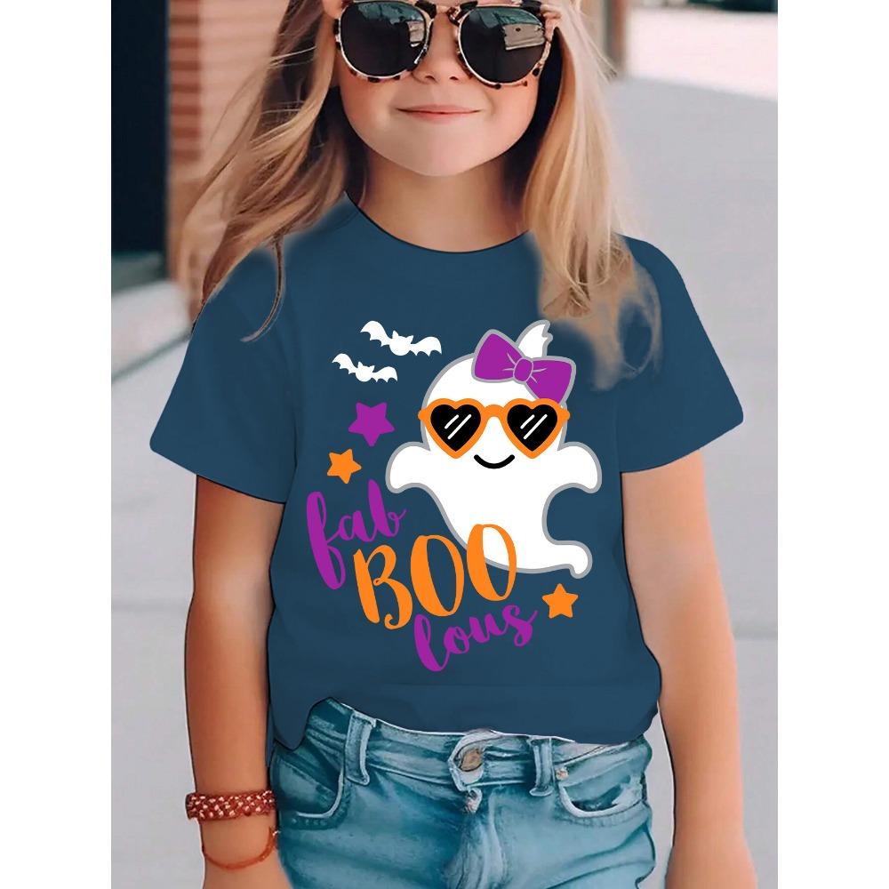 Summer Fashion Girls' Short-sleeved T-shirt, Sunglasses, Bow, Halloween Ghost Cartoon Pattern Print, Casual and Versatile Top