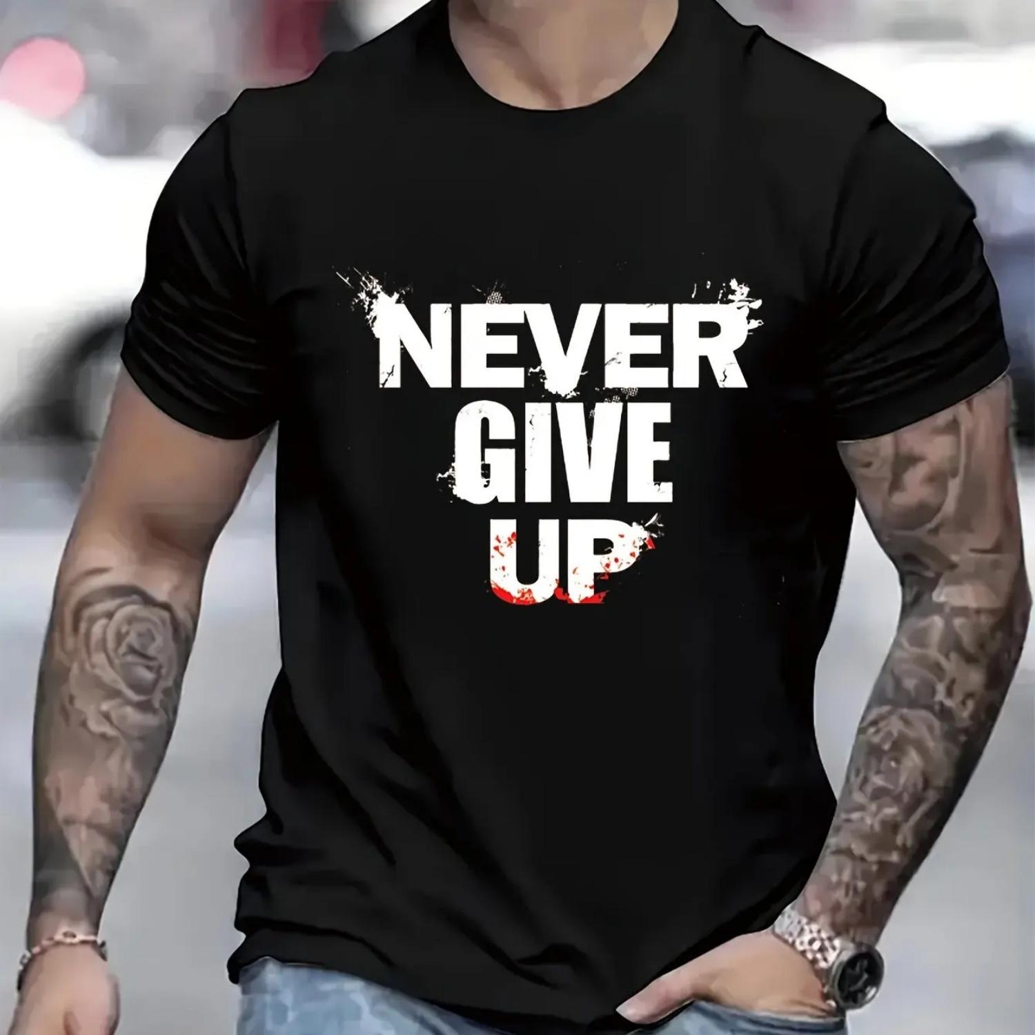 

Never Give Up Cotton TShirt Mens Casual Hip Hop Streetwear Athleisure S чёрный