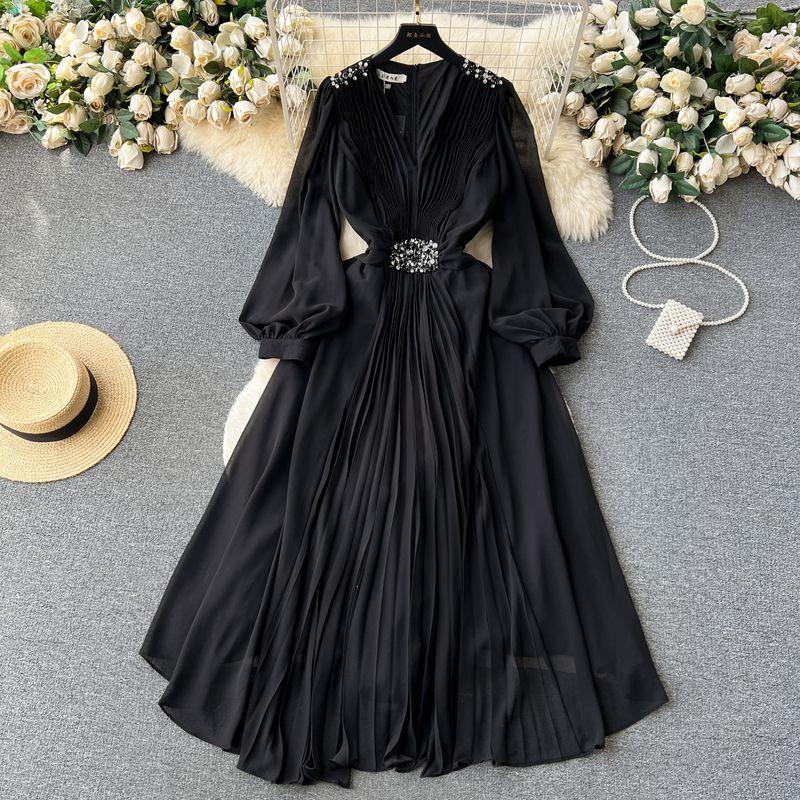 

Retro Lantern Sleeve Dress Elegance Large Swing Rhinestone Black 2XL