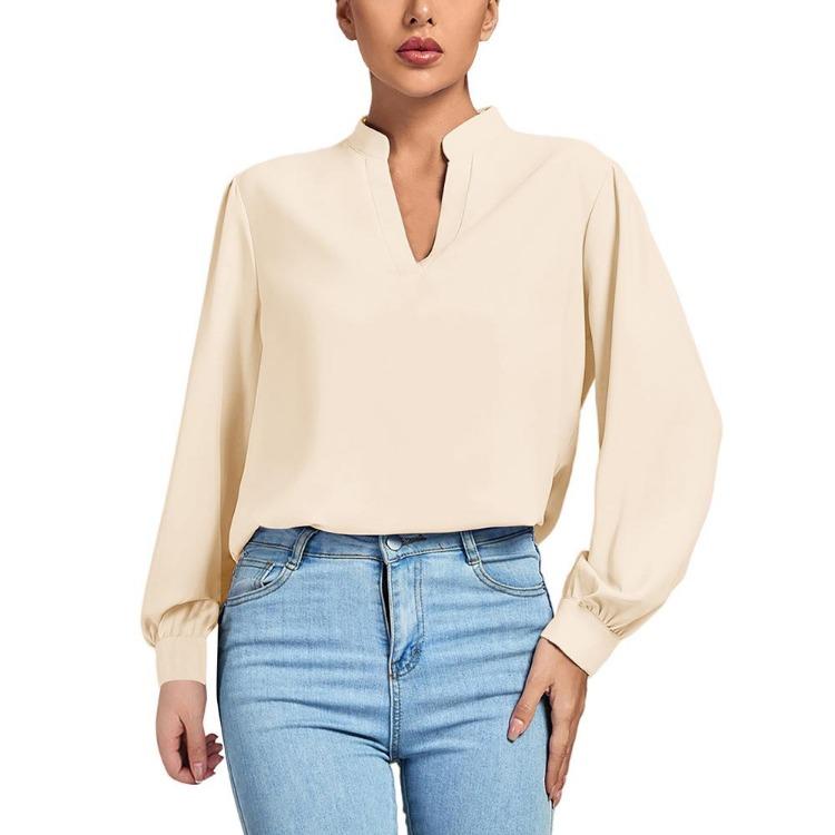 Women Work Shirt Elegant High Neck Long Sleeve Loose V-neck Top Stylish Soft Breathable Lightweight Pullover Shirt