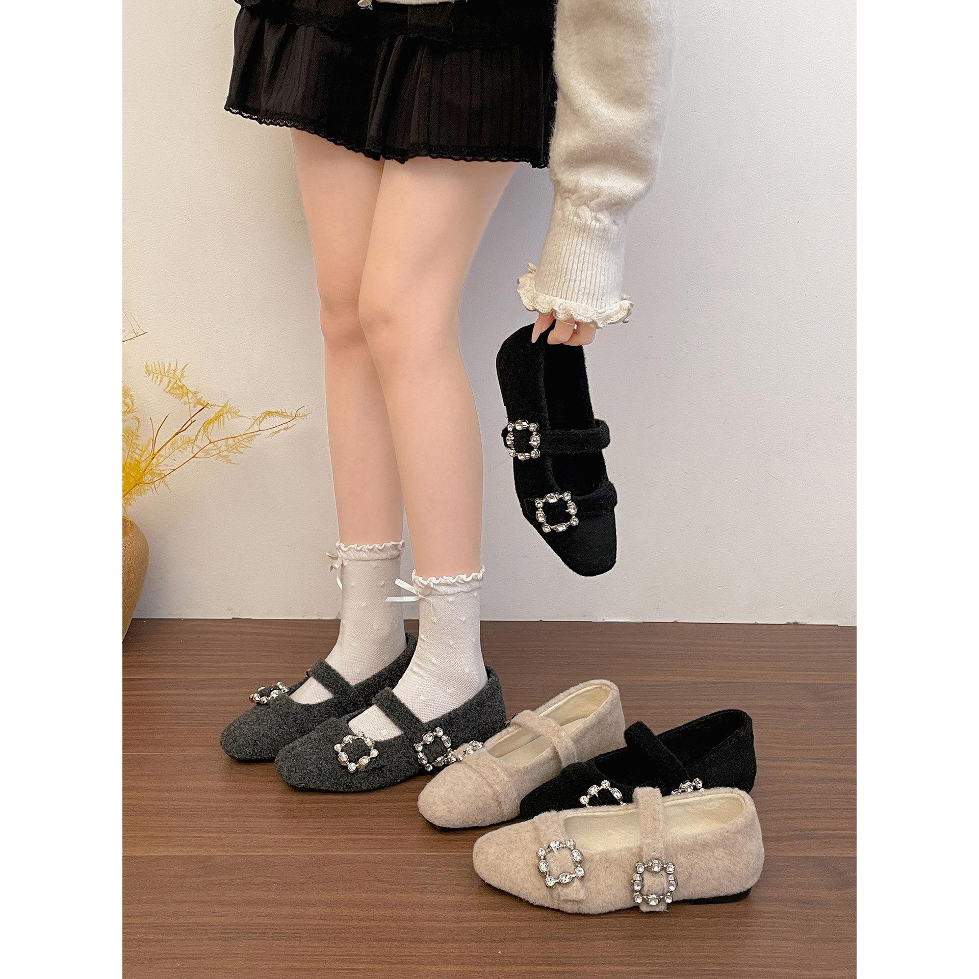 Fleece warm thick-soled Mary Jane fluffy shoes women wear inside non-slip cotton shoes in winter 35