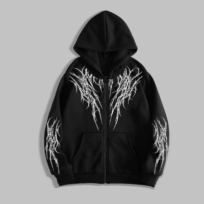 Men's Gothic Printed Hoodies Casual Long Sleeve Mens Zip Up Hoodie Y2K Long Sleeve Sweatshirts Pullover Top