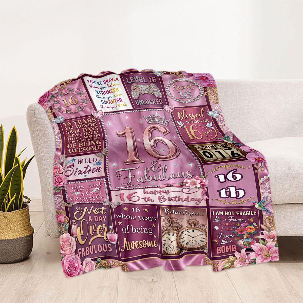 Happy 16th Birthday Celebration Flannel Blanket-Soft and Suitable for Sofas,Beds,Offices,Travel,All Seasons,Great Gift for Holidays and Birthdays.
