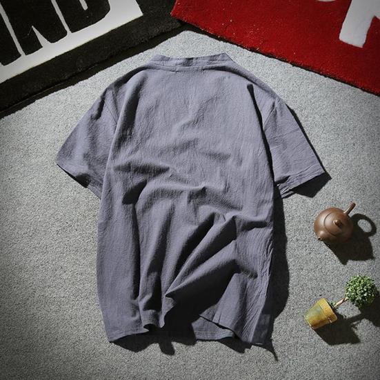 Men T-shirt Short Sleeves V Neck Button Solid Color Slim Fit Cotton Linen Summer Casual Male Tee Shirt Top Daily Wear