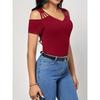 Summer New Fashionable Off-shoulder Solid Color Sexy V-neck T-shirt Slim Pullover Top