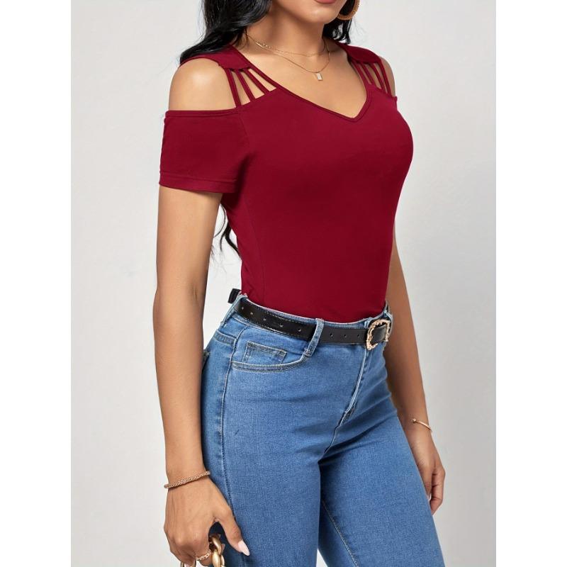 Summer New Fashionable Off-shoulder Solid Color Sexy V-neck T-shirt Slim Pullover Top