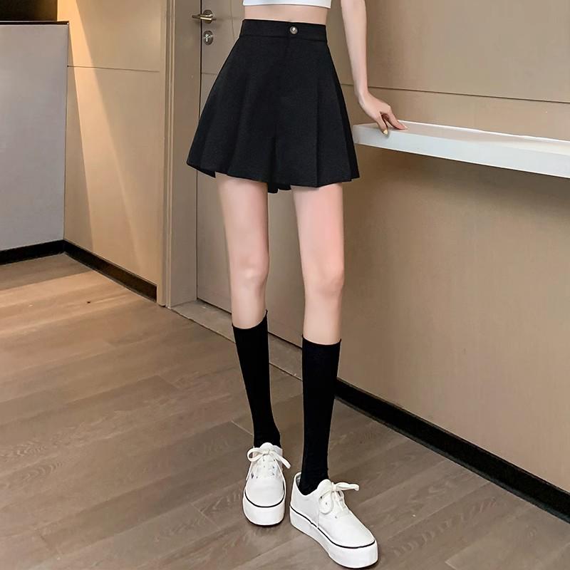 Women's High Waist Pleated A-Line Wide-Leg Shorts - Large Size, Black, Summer Versatile Skirt-Style Pants