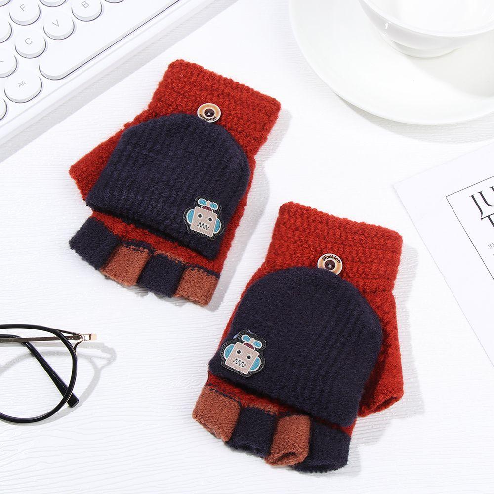 Children Flipped Cover Knitted Glove Winter Warm Mittens Half-finger Gloves Thickening Gloves